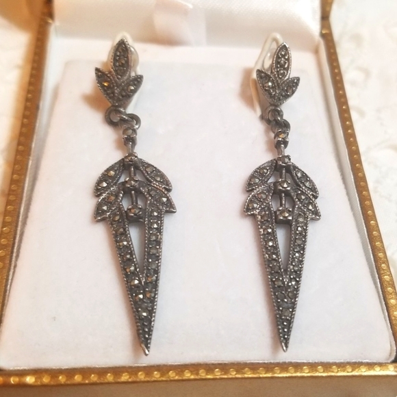 Vintage Jewelry - Vintage LONG Marcasite Sterling Silver Dangle Earrings